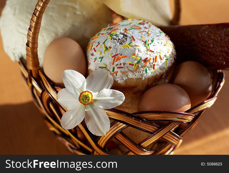 Cheese and sausage, eggs and Easter cake in a basket