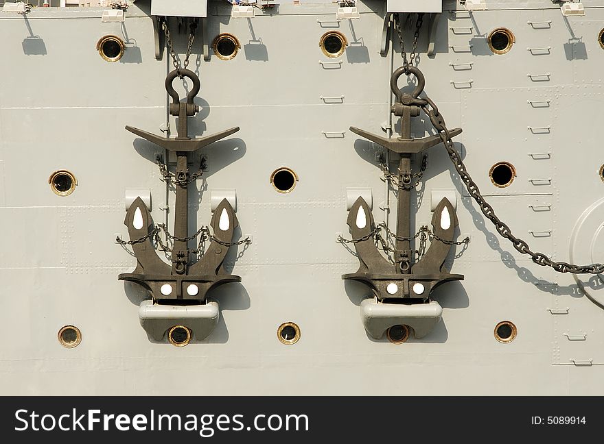 These are the restored anchors of the cruiser Aurora. Cruiser Aurora is the legendary ship of October Revolution of 1917 year in Russia. These are the restored anchors of the cruiser Aurora. Cruiser Aurora is the legendary ship of October Revolution of 1917 year in Russia.