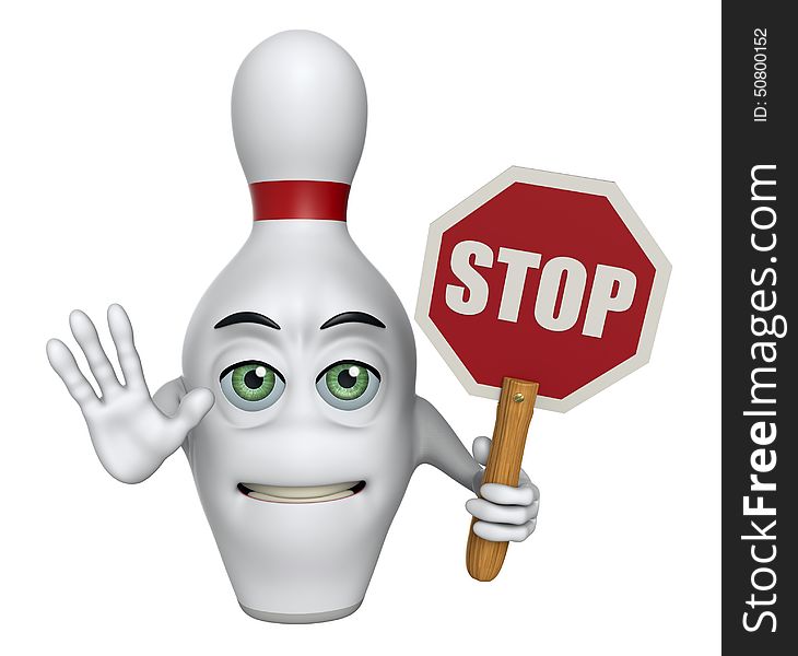Cartoon illustration of a bowling pin with his arm out and holding a stop sign. Cartoon illustration of a bowling pin with his arm out and holding a stop sign.