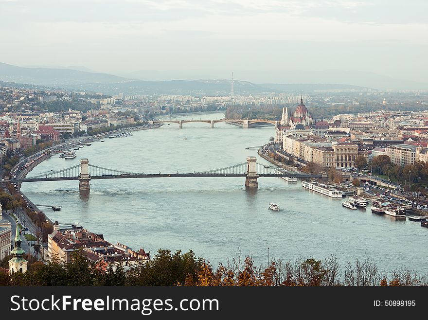 Top view of the river Danube in Budapest