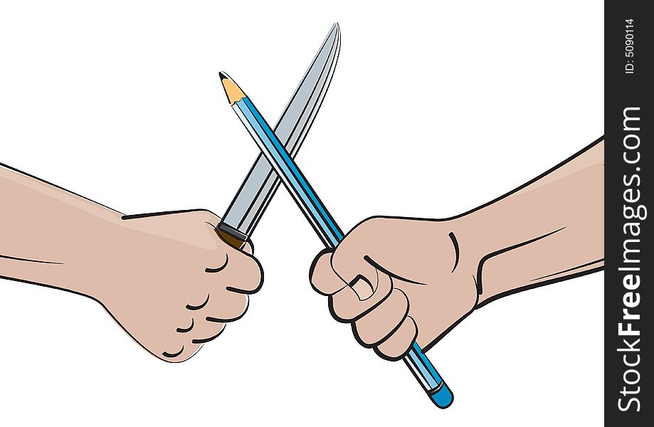 Pencil against to the knife. Pencil against to the knife