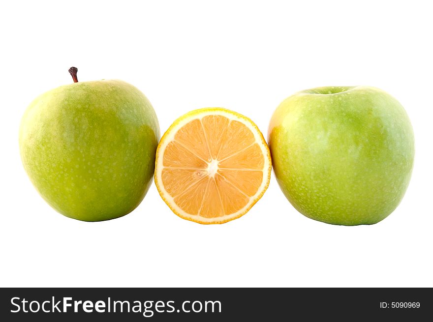 Green apple and acid-yellow lemon on isolated background. Green apple and acid-yellow lemon on isolated background.