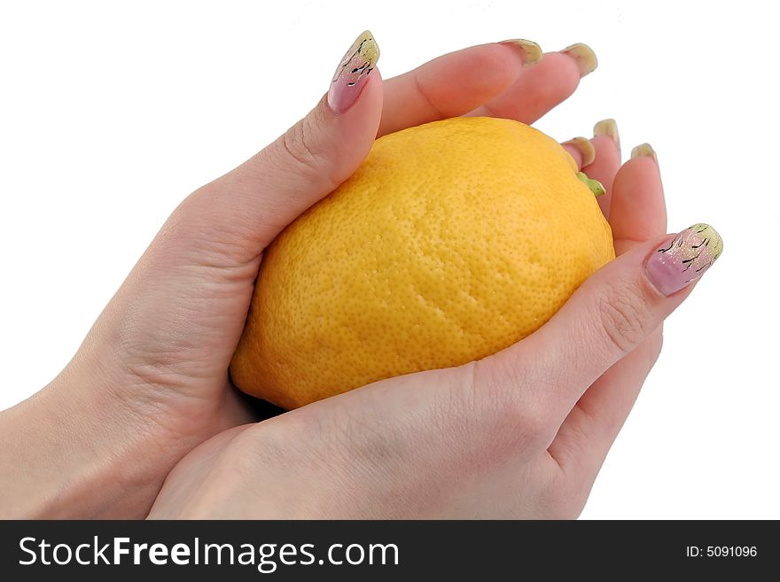 Lemon and woman hands on a white background. Lemon and woman hands on a white background