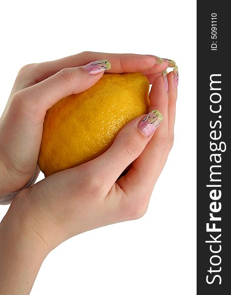 Lemon and woman hands on a white background. Lemon and woman hands on a white background