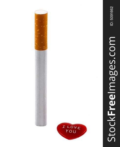 Cigarette and red heart with I Love You message isolated on white