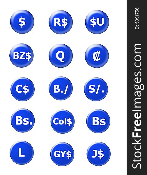 Blue icons of the major currencies used in the Americas. Blue icons of the major currencies used in the Americas