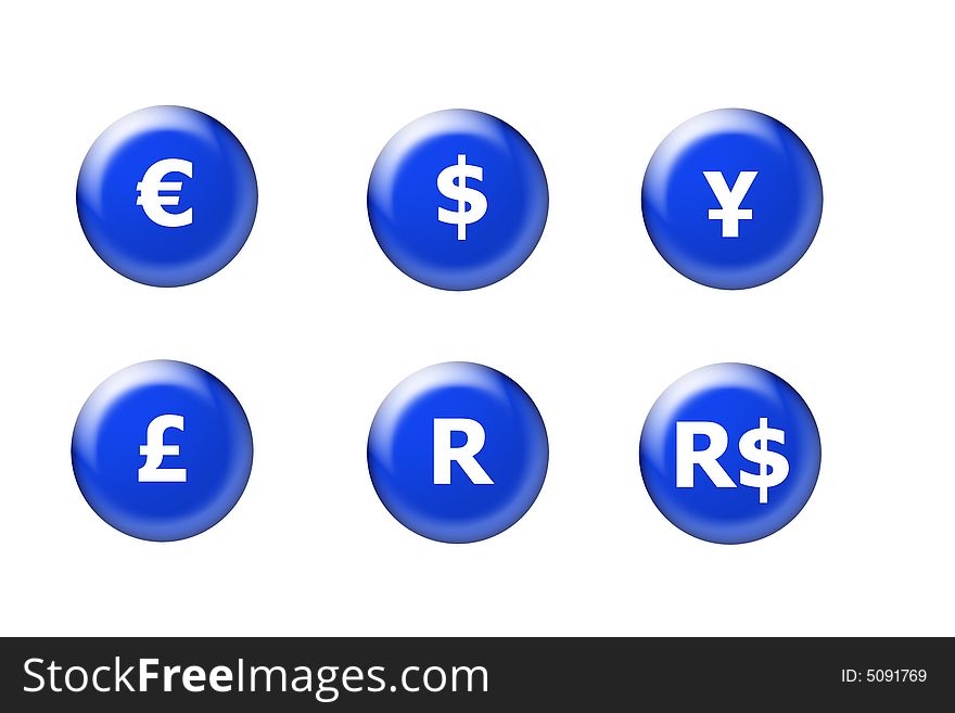 Blue icons of the major currencies of the world