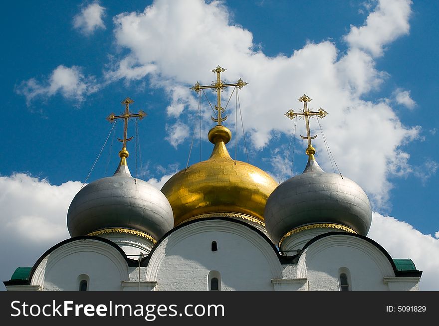 Three church domes, Novodevichy monastery, Moscow, Russia