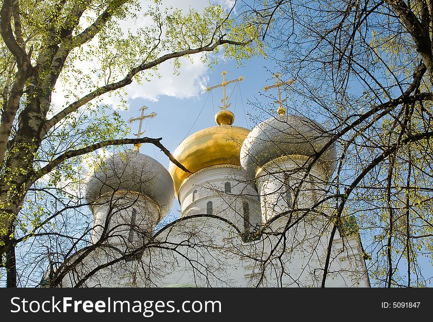 Three church domes, Novodevichy monastery, Moscow, Russia