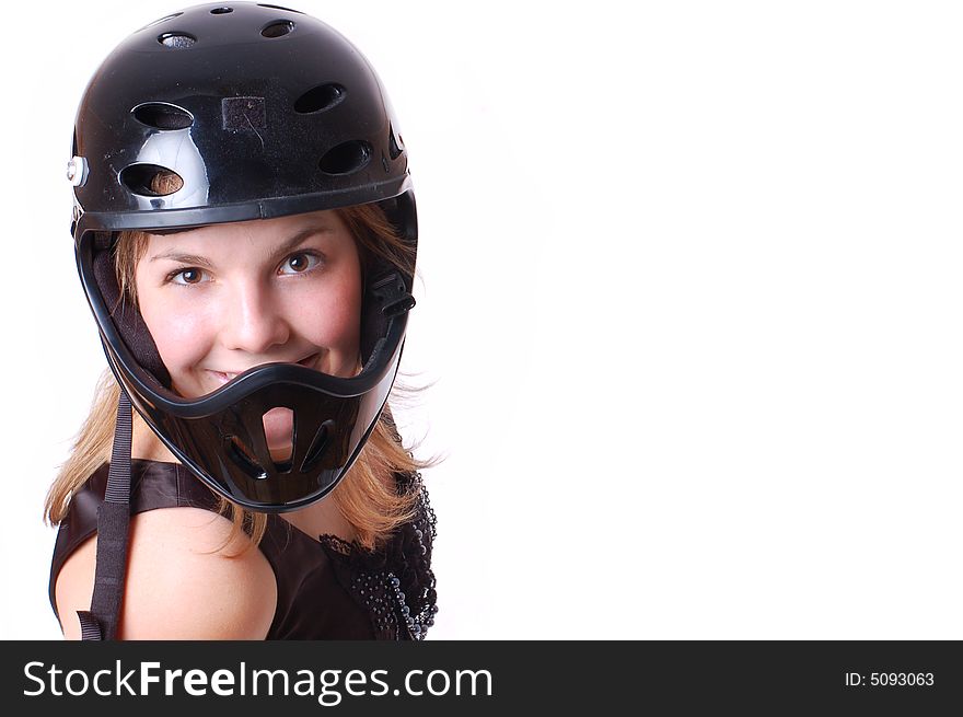 Close-up Portrait Of Blonde Girl In Black Helmet