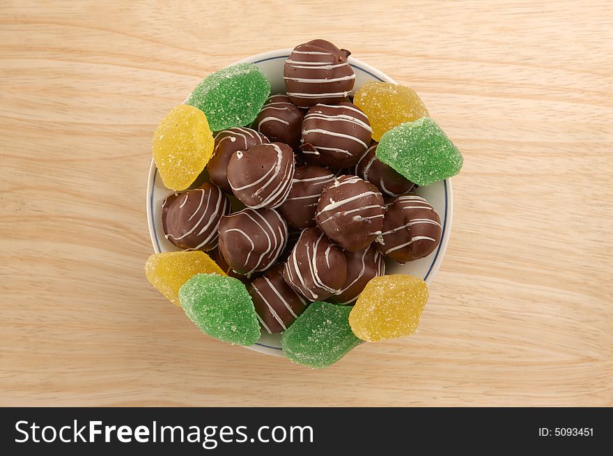 Chocolate And Fruit Candy On  Wooden Tray