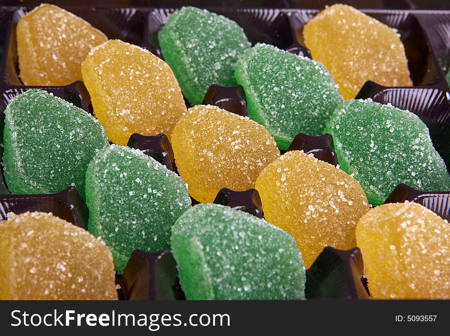 Colored fruit candy in box