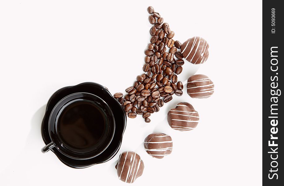 Cup of coffee and chocolate sweets