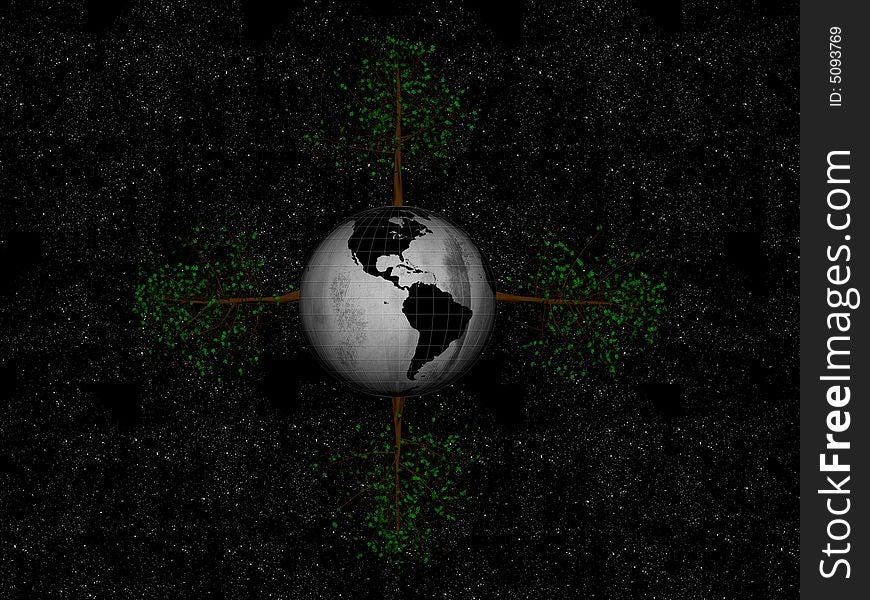 Render of planet earth globe, four trees and stars. Render of planet earth globe, four trees and stars