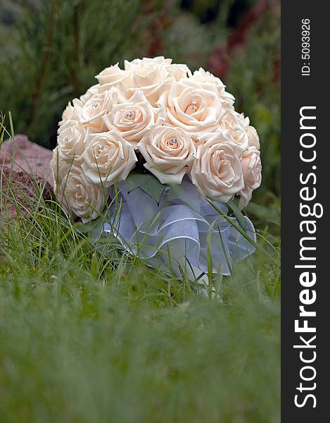 Bridal cream roses bouquet in the grass