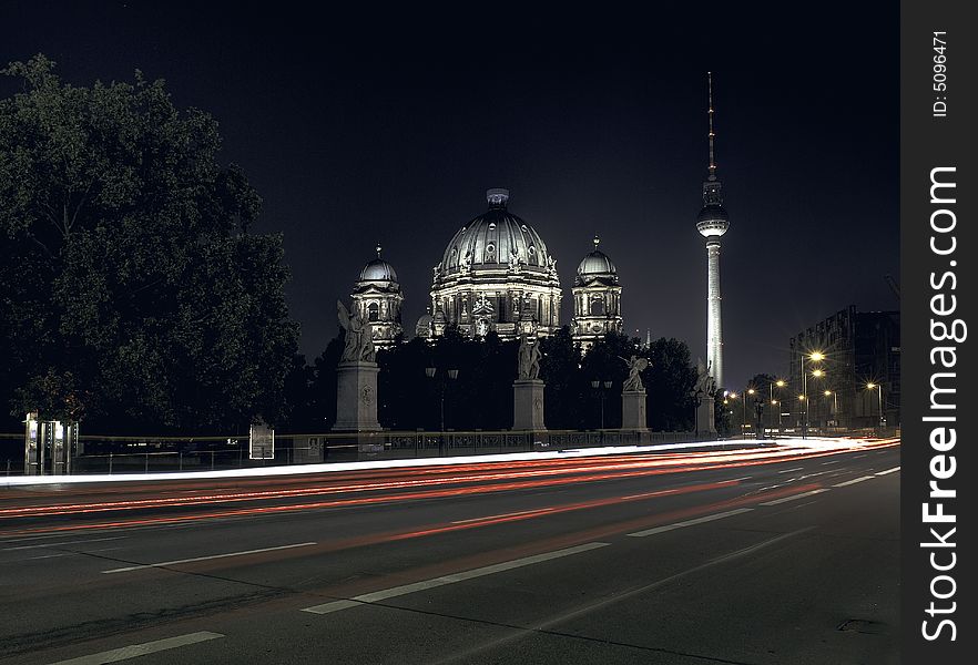 Urbane scene with berlins landmarks at night. Urbane scene with berlins landmarks at night