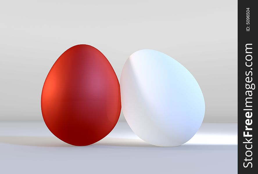Illustration of a white egg leaning on a red one. Illustration of a white egg leaning on a red one