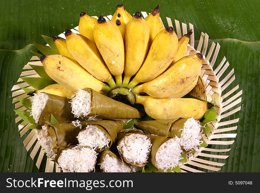 Banana and banana cake in banana leaf. Banana and banana cake in banana leaf