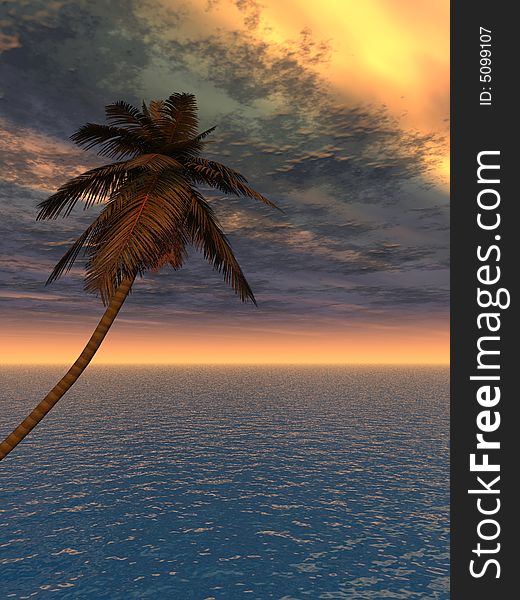 Sunset coconut palm tree on ocean coast - 3d illustration.