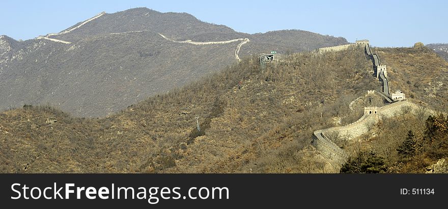 A panoramic photograph of the Great Wall of China