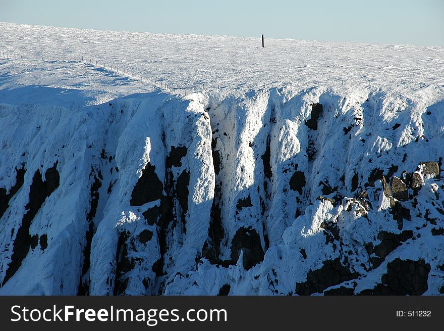 The hillside ending in a precipitous drop. There are lots of sheer chimneys and gullies just below. Paradise for ice climbing. The hillside ending in a precipitous drop. There are lots of sheer chimneys and gullies just below. Paradise for ice climbing.