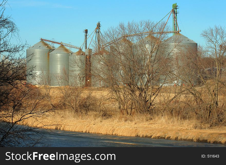 Grain bins by the Big Blue