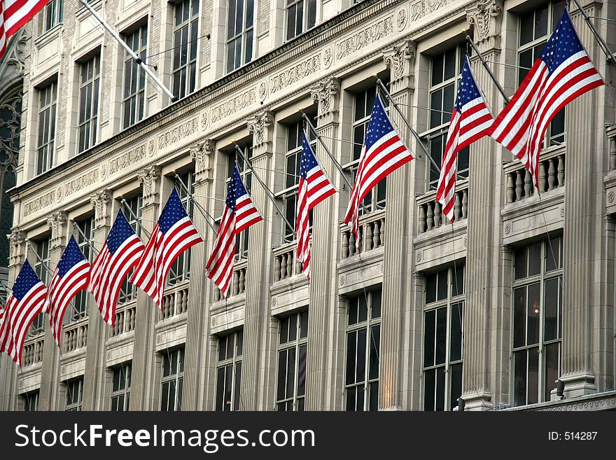 American flags standing at attention. American flags standing at attention.