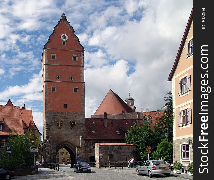 A medieval gate tower at the old town of Dinkelsbuehl in Germany. A medieval gate tower at the old town of Dinkelsbuehl in Germany