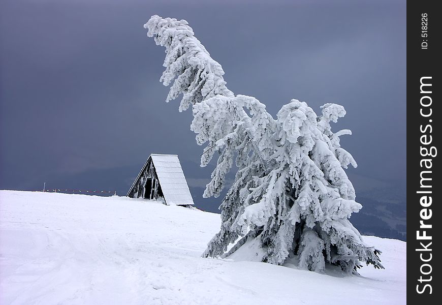 Old wooden mountain chalet in winter. Old wooden mountain chalet in winter