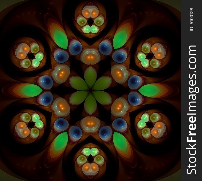 Abstract fractal image resembling a floral mandala with inner glowing lights