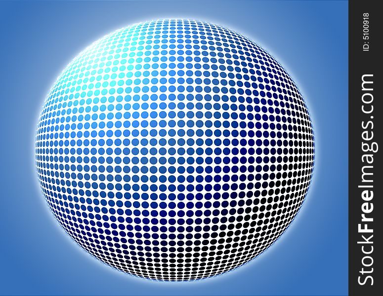 Illustration with blue background with a big sphere in the center full of small circles in different tones. Illustration with blue background with a big sphere in the center full of small circles in different tones