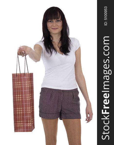 Woman with bag against a white background