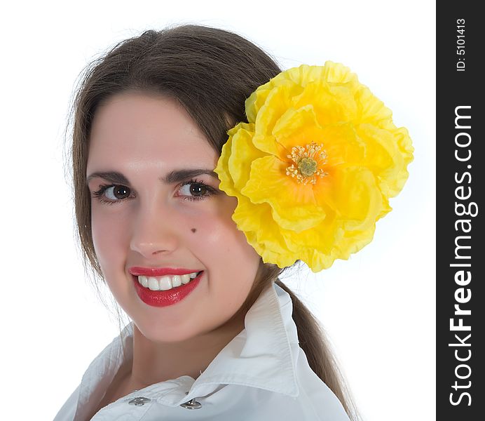 Girl with flower on white background