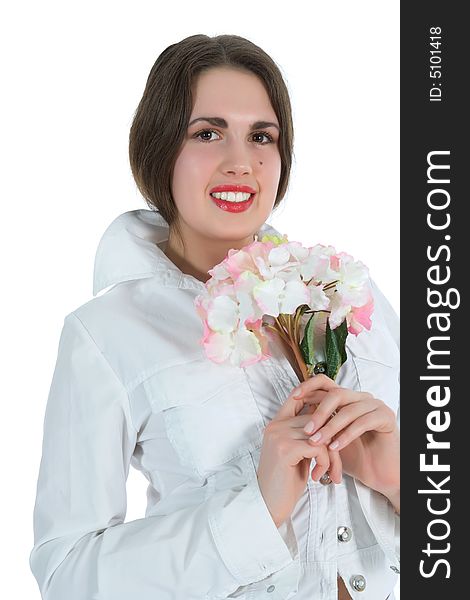 Girl with flower on white background