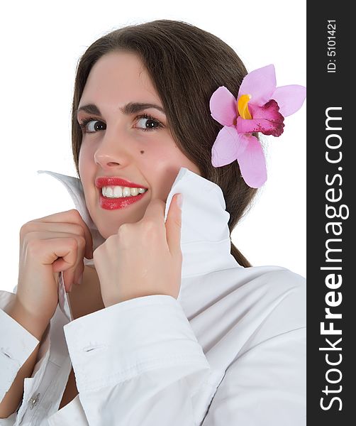 Girl with flower on white background