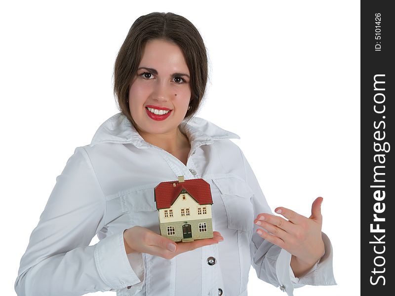Business woman advertises real estate on white background