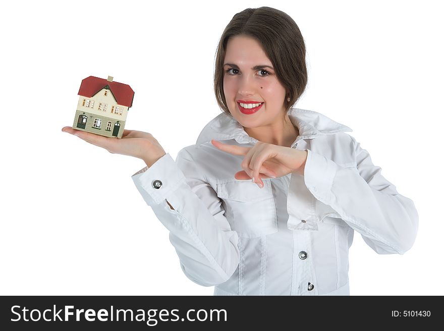 Business woman advertises real estate on white background