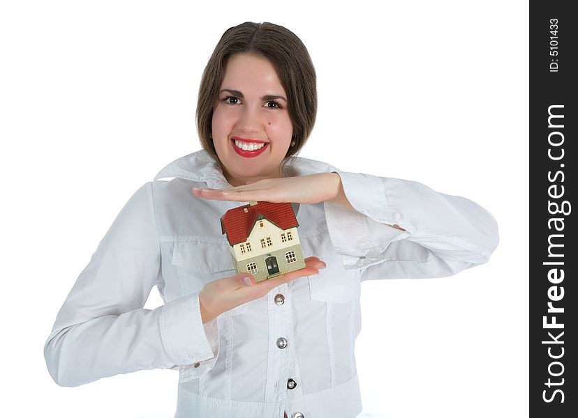 Business woman advertises real estate on white background