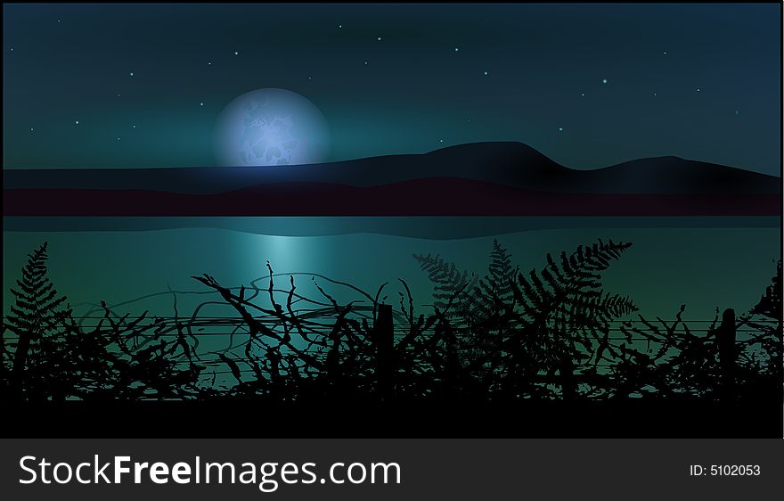 Styleish nature backgrounds with night sky and hills and water