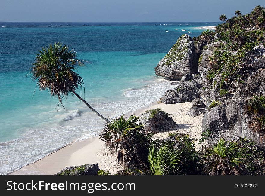 Watching the sandy beach from a high view. Tulum. Yucatan. Mexico