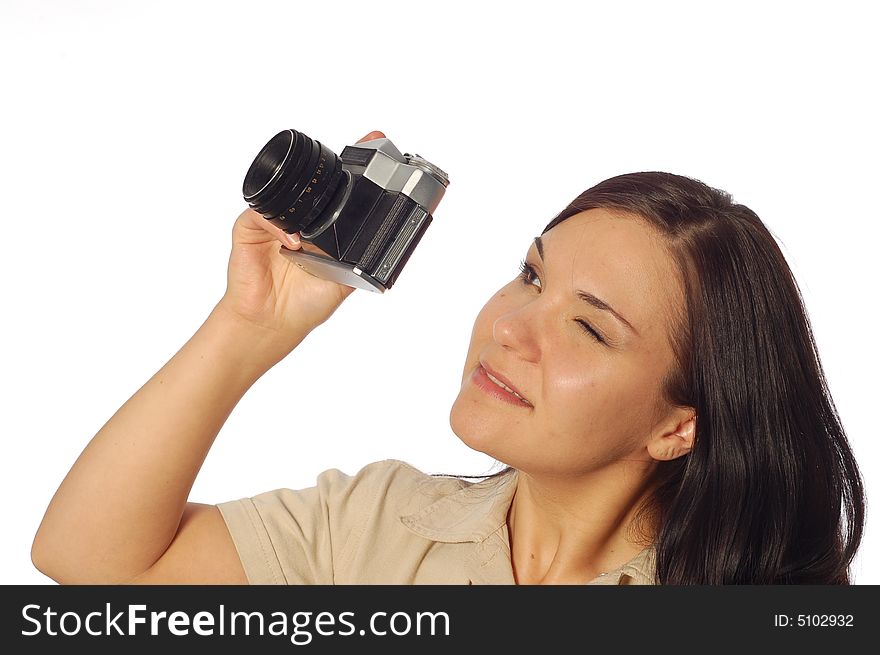 Woman with old camera