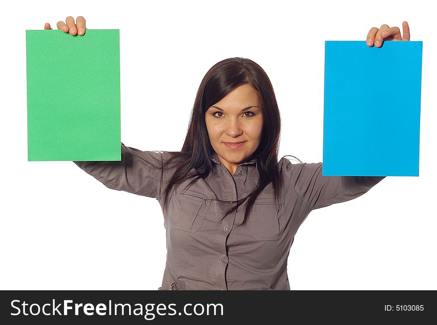 Attractive brunette woman holding banner on white background. Attractive brunette woman holding banner on white background