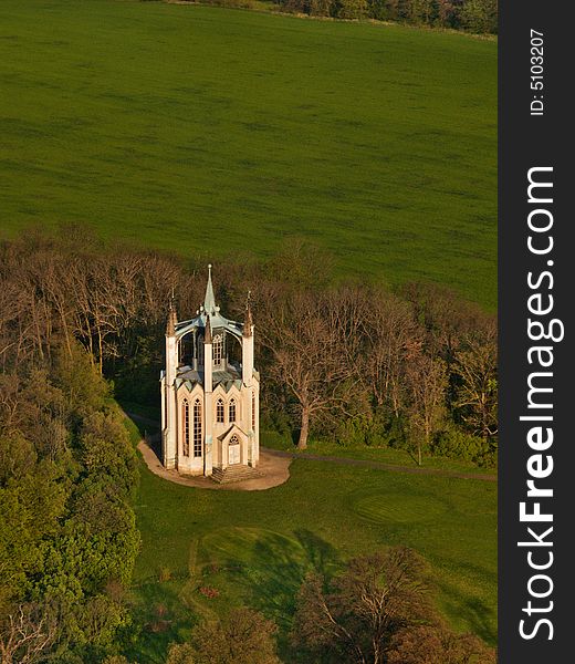 Ghotic Temple in the Krasny Dvur, manor park. Czech Republic - air photo