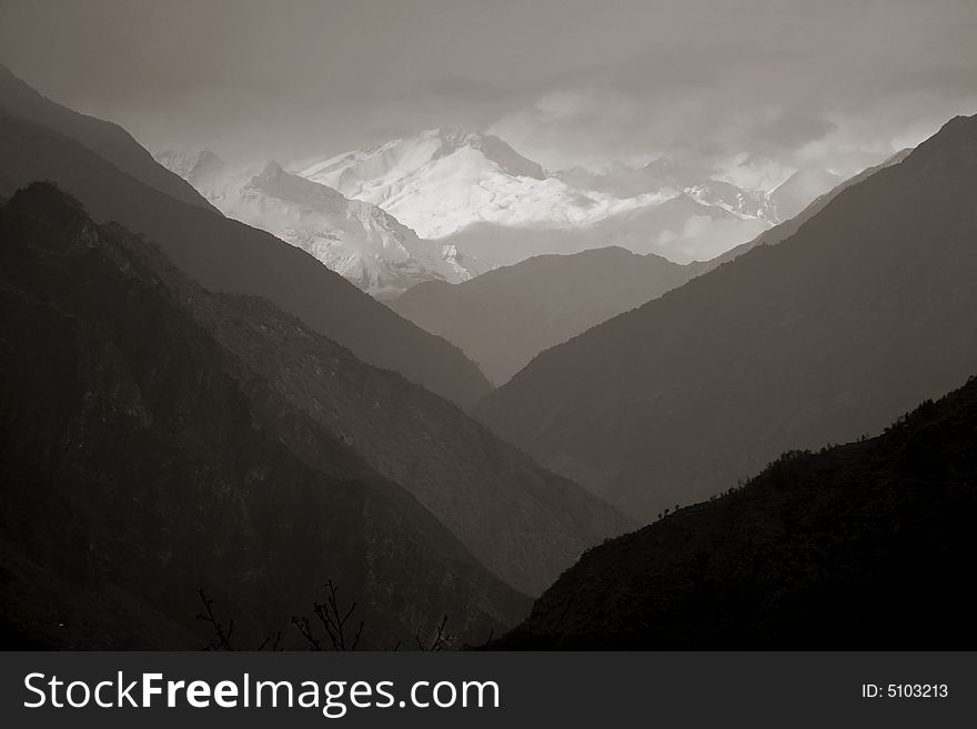Mountain valley silhouette, himalayas, annapurna, nepal