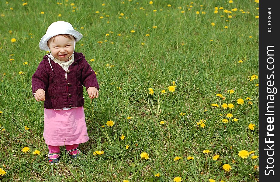 Baby girl on green meadow. Baby girl on green meadow