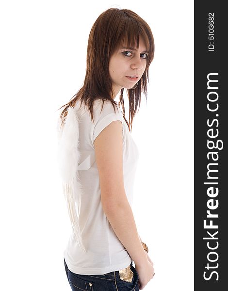 The young beautiful angel isolated on a white background