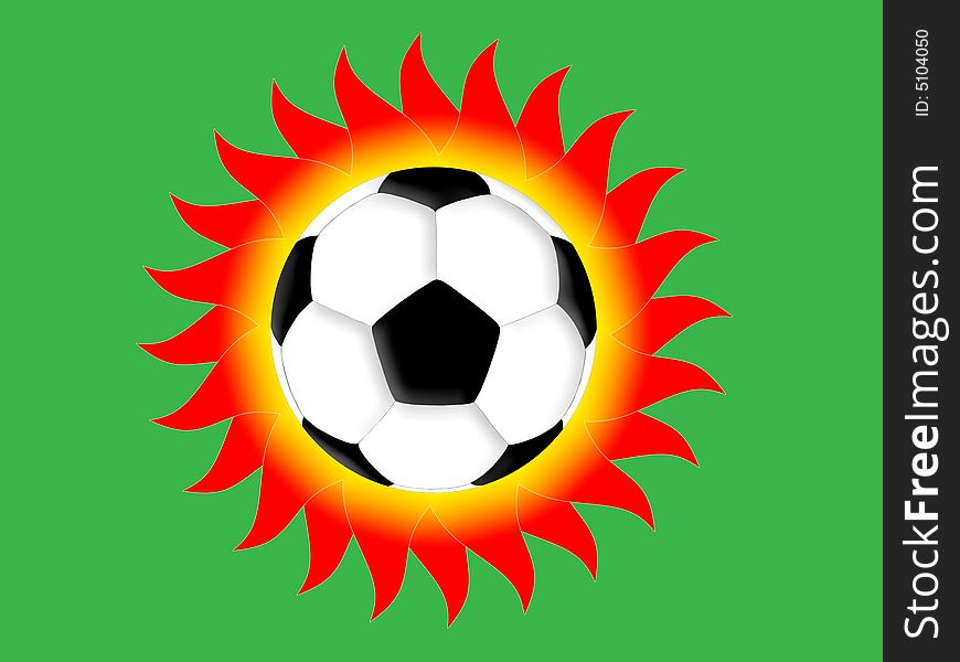 Football and red sun on a green background. Football and red sun on a green background