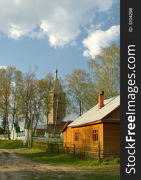 Russian small village church; spring, sunny weather