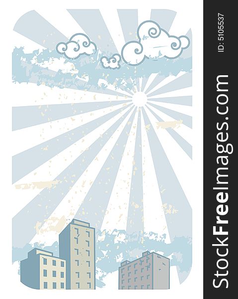 A group of buildings with clouds in the sunny sky with space for text. A group of buildings with clouds in the sunny sky with space for text.