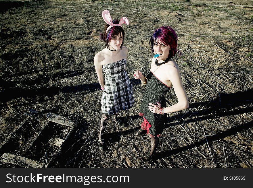 Two punk girls posing in a rural setting. Two punk girls posing in a rural setting